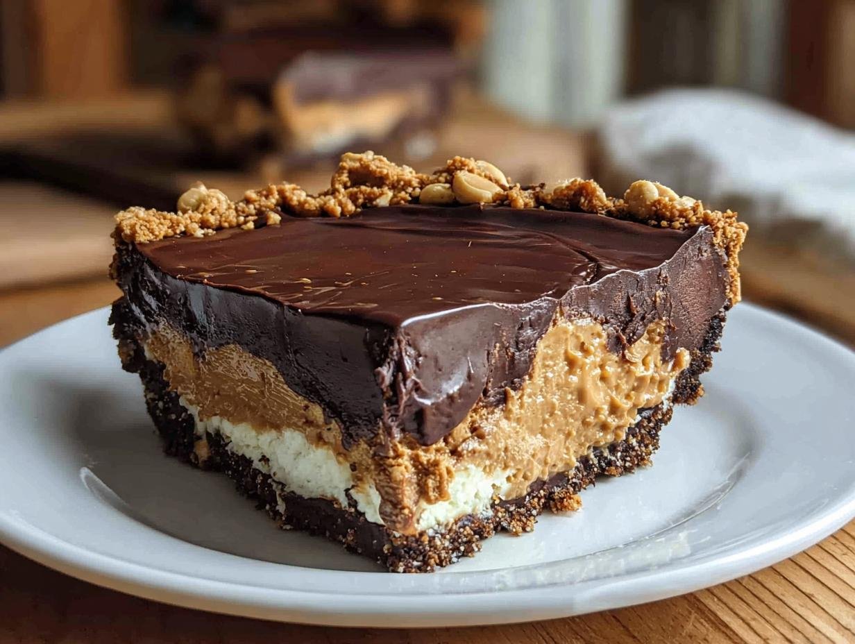 Bake Chocolate Peanut Butter: 20-Minute Dream Dessert - A slice of the finished pie, showcasing the layers and chocolate topping.