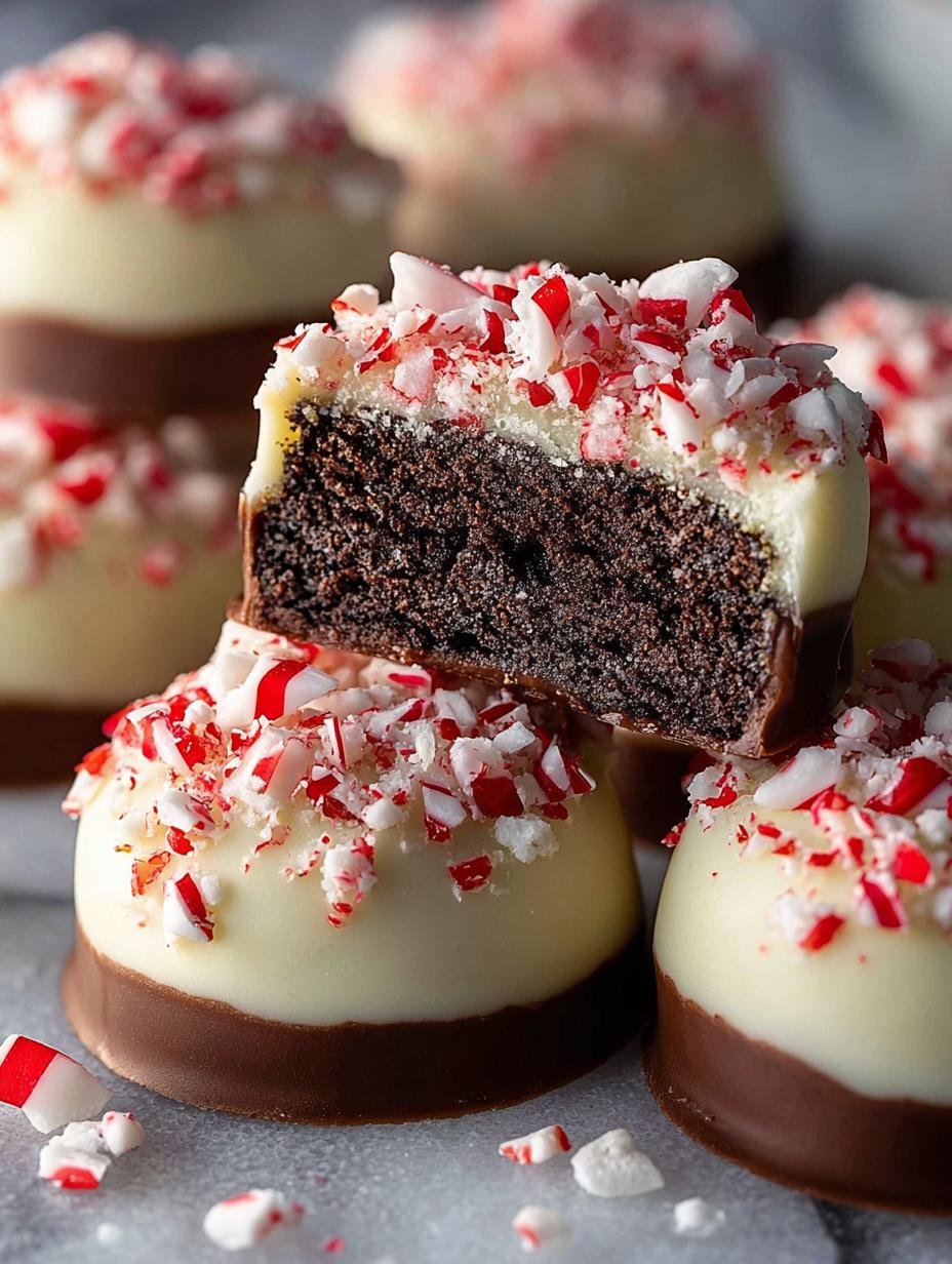 Bake Peppermint Bark Oreo truffles decorated with candy canes