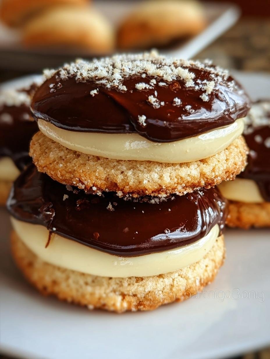 Delicious Boston Cream Pie Cookies with creamy custard and chocolate ganache on a white plate