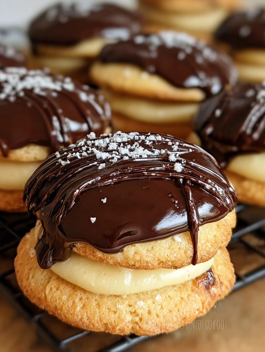 Close-up of a single Boston Cream Pie Cookie showing the soft yellow cake, creamy vanilla custard, and glossy chocolate topping