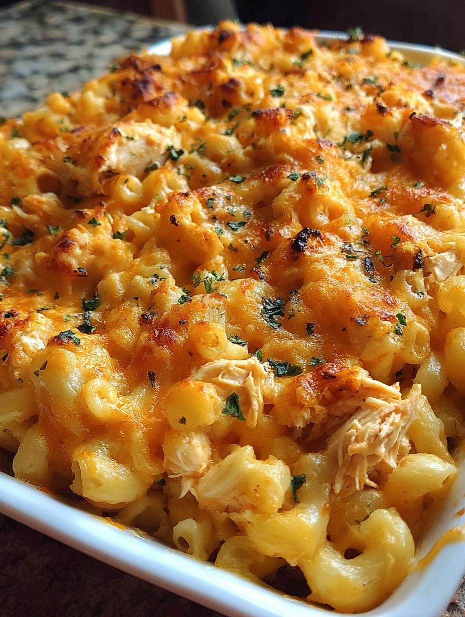 Delicious Buffalo Chicken Mac Cheese baked to golden perfection in a casserole dish, ready to serve