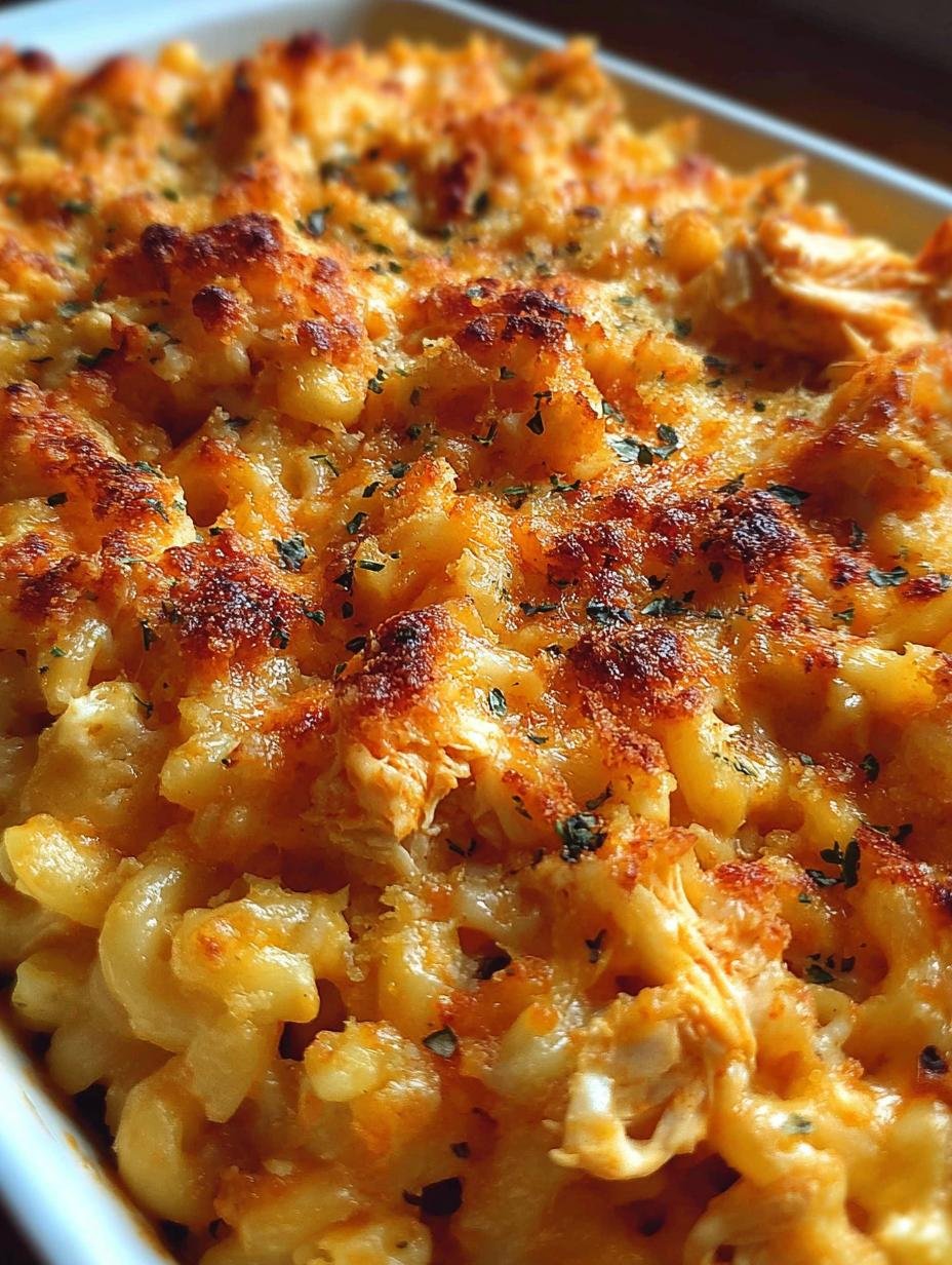 Close-up of creamy Buffalo Chicken Mac Cheese with visible rotini pasta and chicken pieces