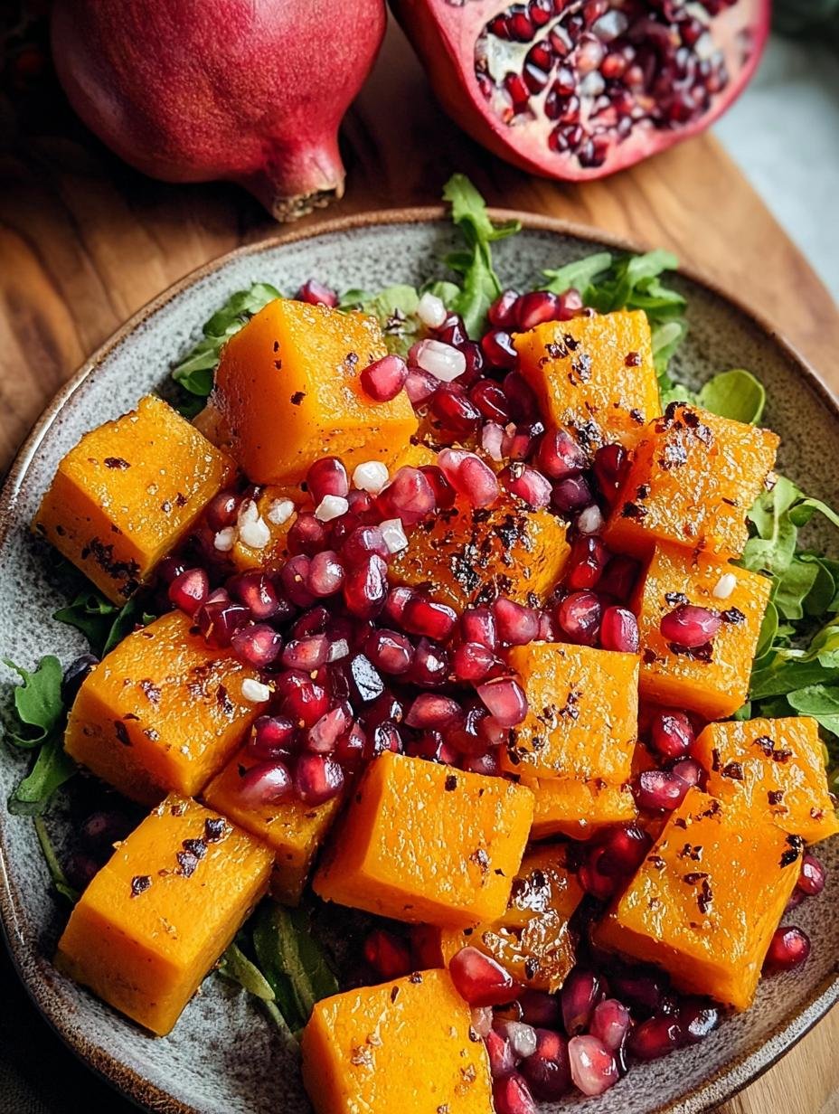 Vibrant Roasted Butternut Squash Pomegranate dish in a white bowl, garnished with fresh herbs and feta cheese, ready to serve.