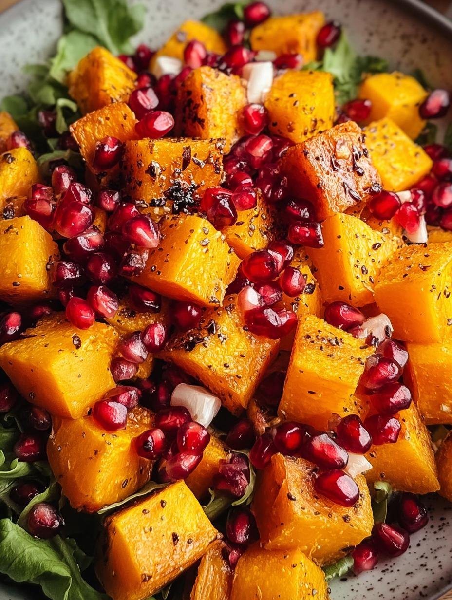 Close-up of roasted butternut squash and bright red pomegranate seeds mixed together, showcasing the texture and color of the Butternut Squash Pomegranate dish.
