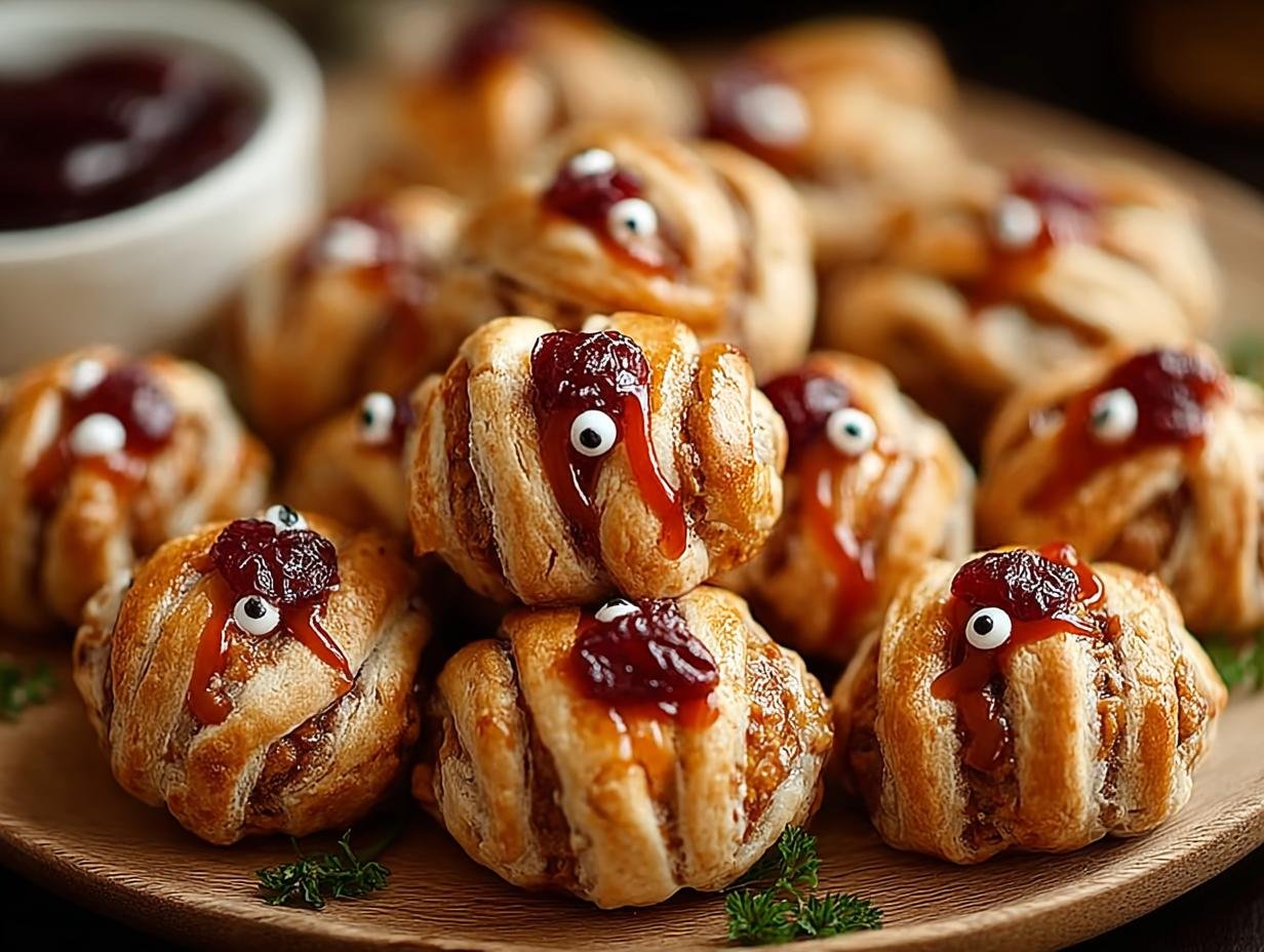 Cranberry Meatball Mummies: Delicious Halloween Fun - Close-up of decorated cranberry meatball mummies with candy eyes
