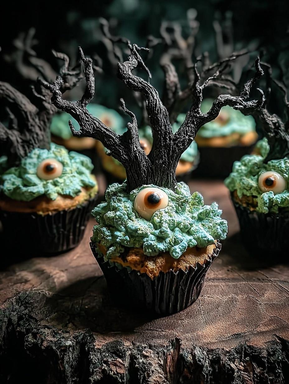Deliciously eerie Creepy Tree Cupcakes with green frosting and spooky decorations on a dark background