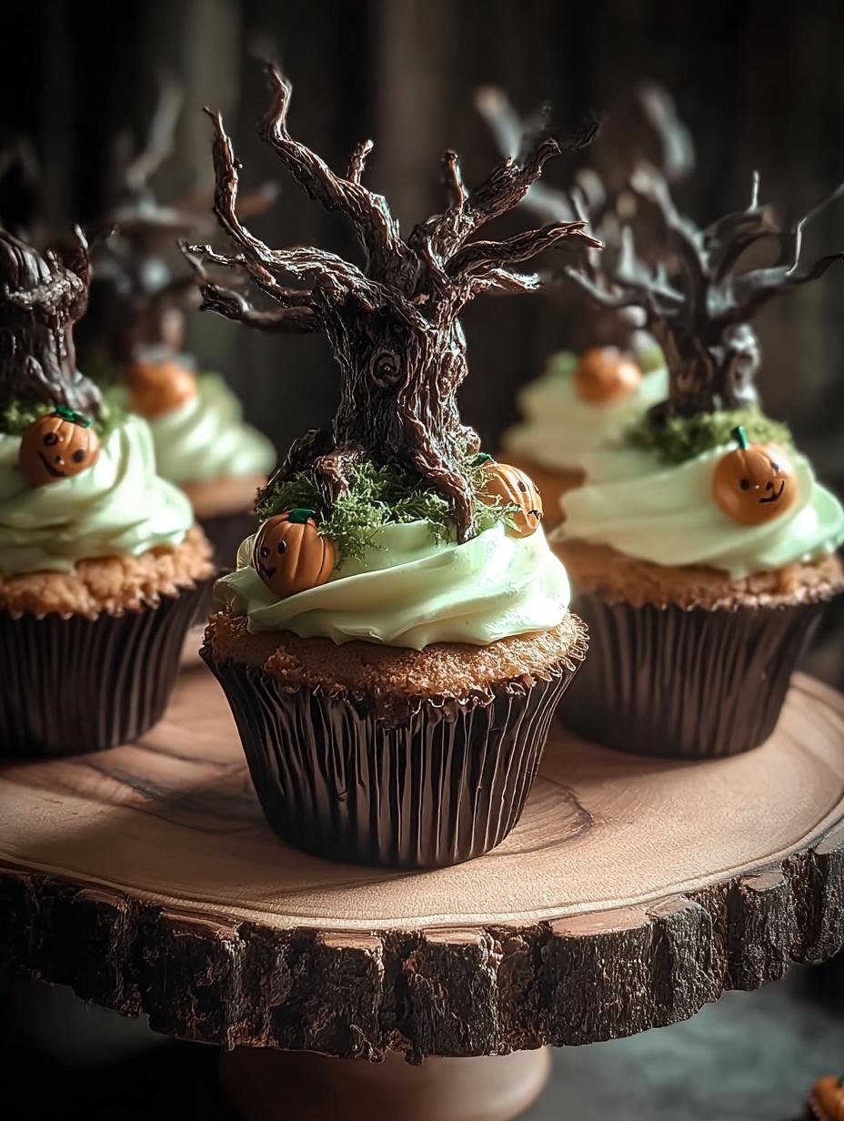 Close-up of a decorated Creepy Tree Cupcake with green frosting, chocolate sprinkles, and a gummy worm
