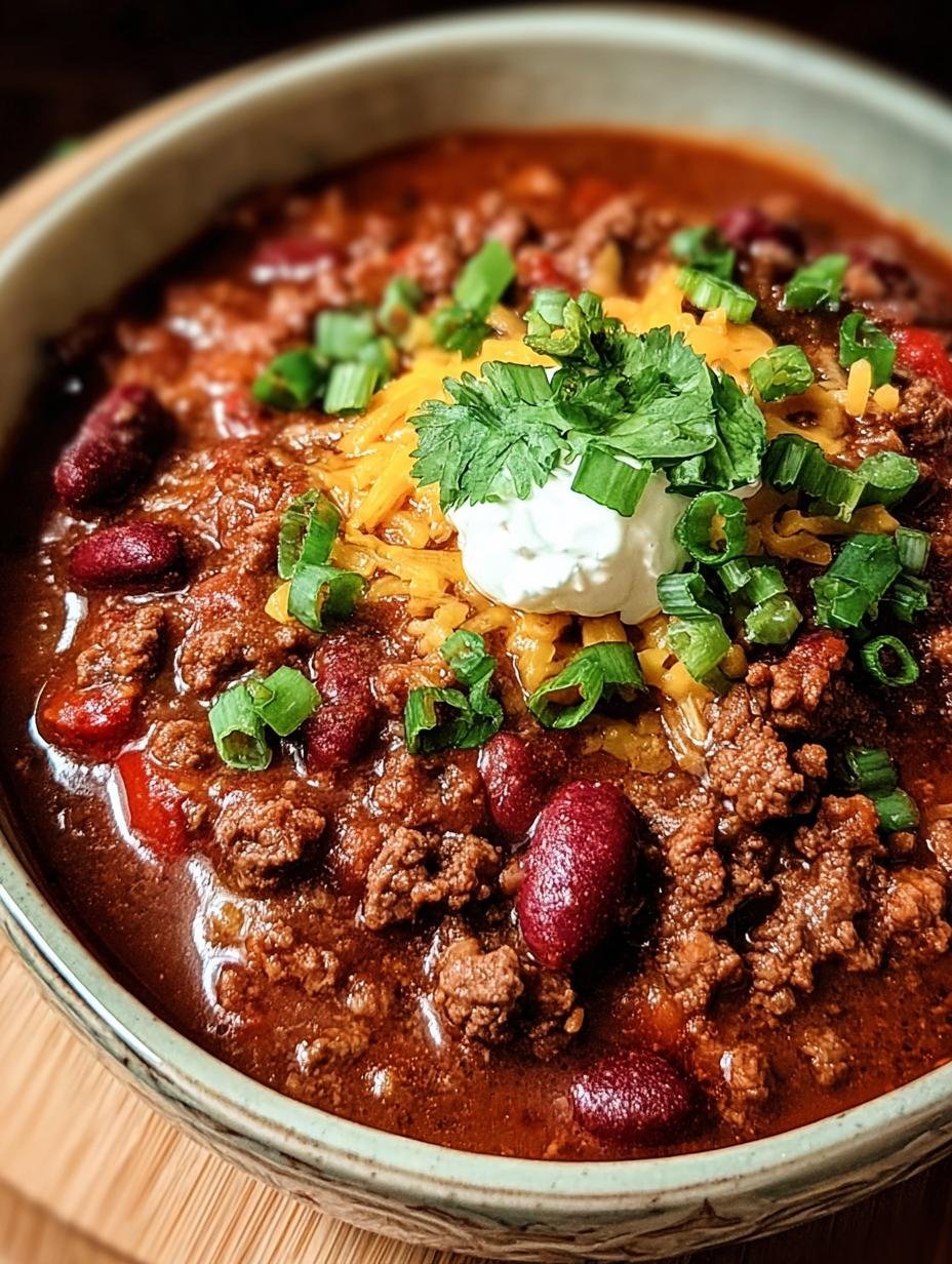 Hearty Crockpot Beef Chili in a bowl with toppings, ready to eat