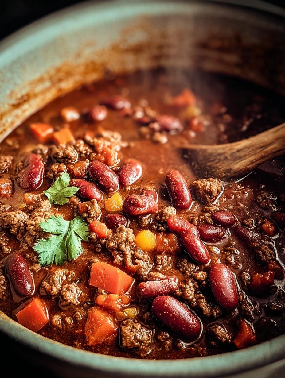Close-up of Crockpot Beef Chili simmering in a slow cooker