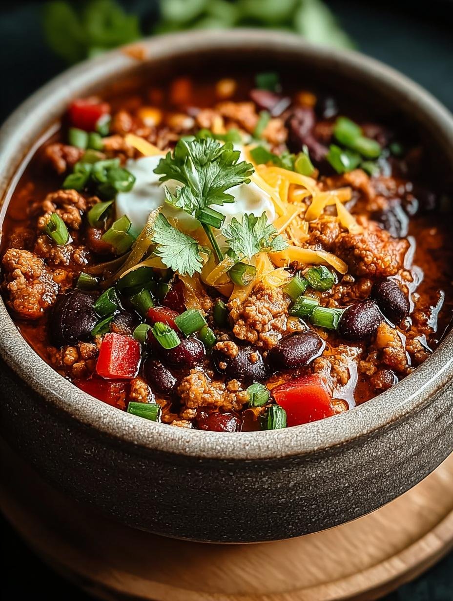 A close-up of a bowl of Crockpot Turkey Chili, garnished with fresh cilantro and shredded cheese, ready to be enjoyed