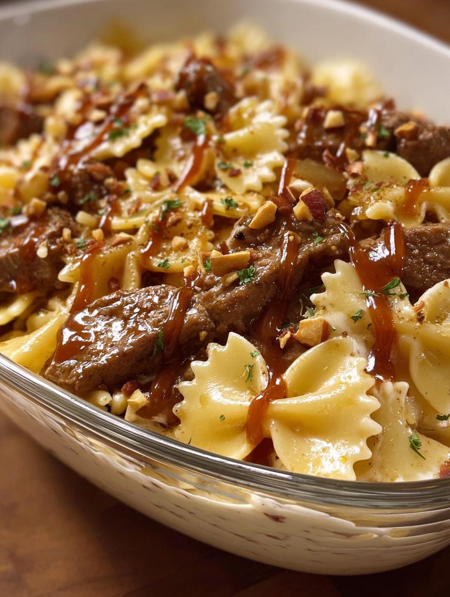 Close-up of a serving of Garlic Butter Beef Bowtie, garnished with fresh parsley, ready to eat