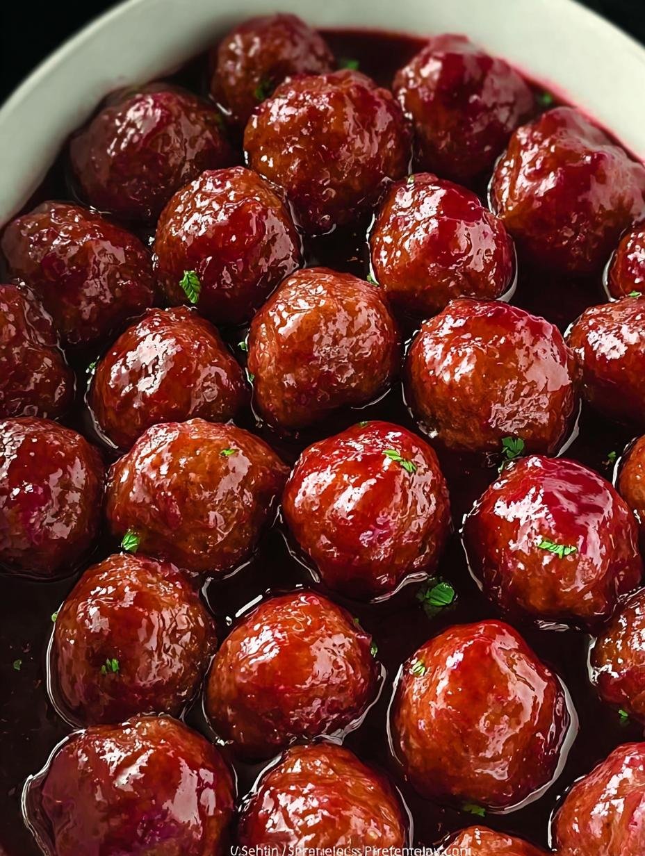 Close-up of glistening Grape Jelly Meatballs in a serving dish with toothpicks
