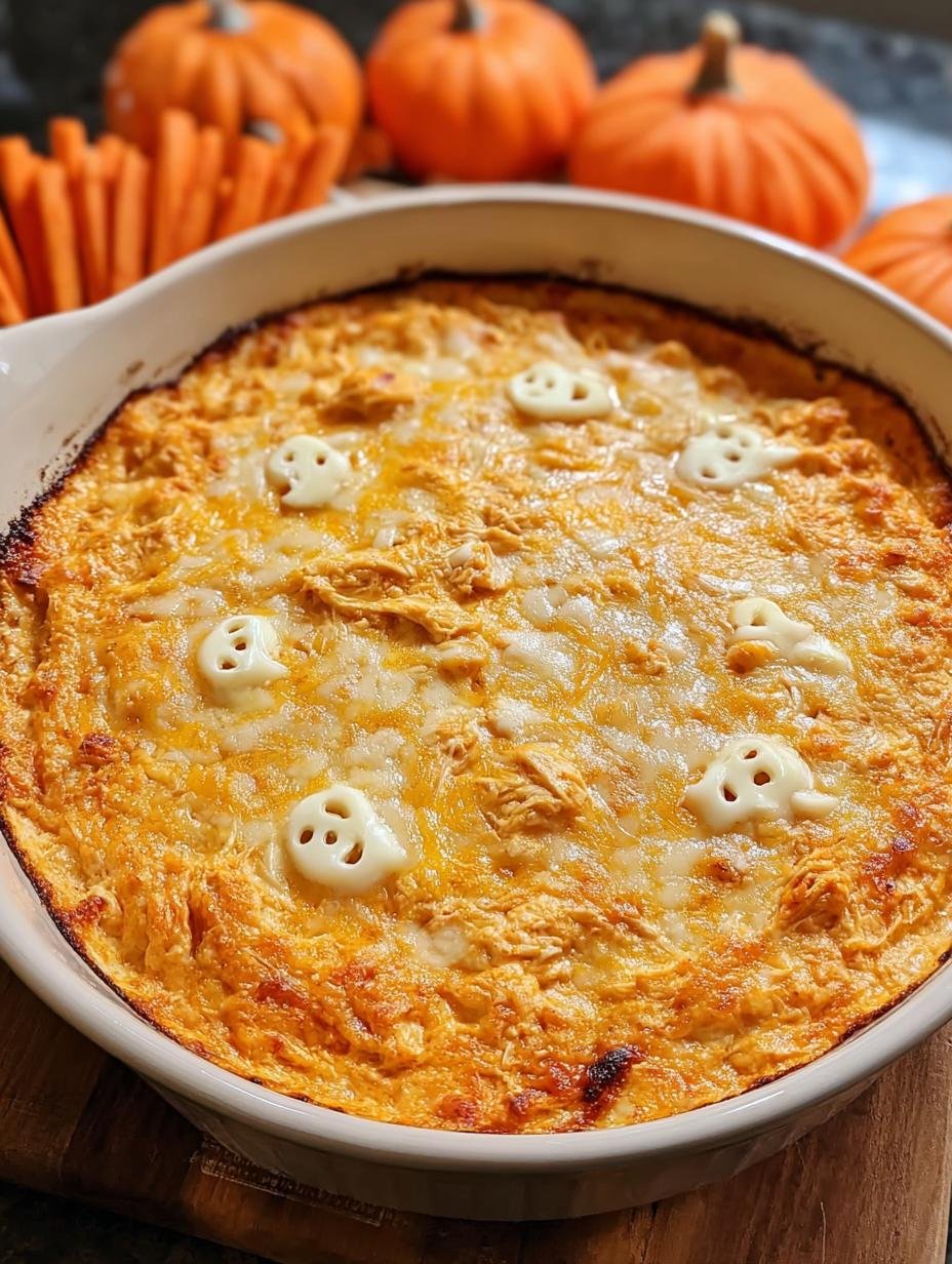 Deliciously creamy Halloween Buffalo Chicken Dip bubbling in a baking dish, ready to be served with tortilla chips.