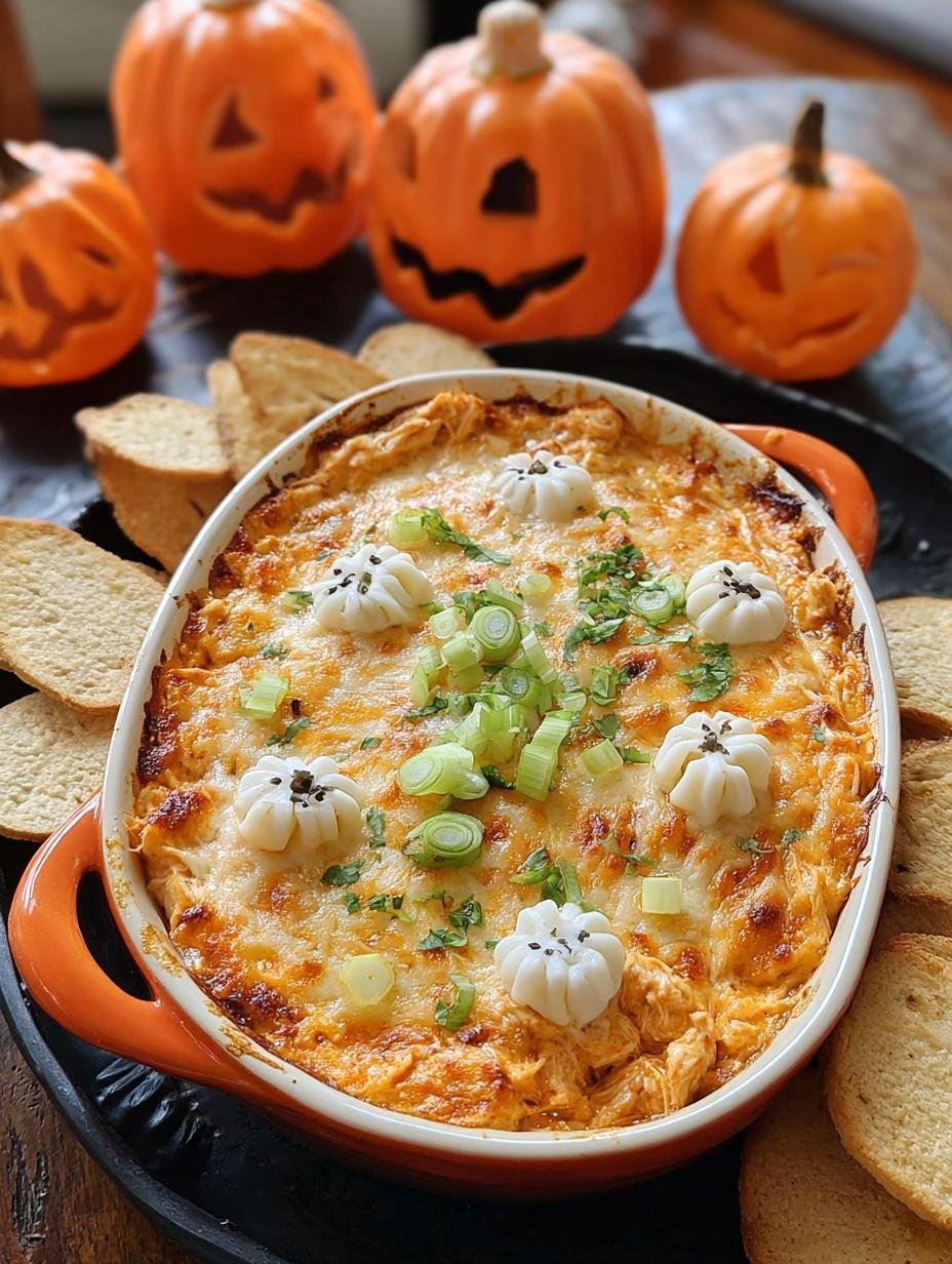 Close-up of a bubbling Halloween Buffalo Chicken Dip with melted cheese, served with crunchy tortilla chips and celery sticks.