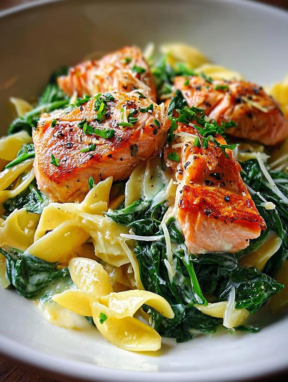 Delicious Healthy Salmon Spinach Pasta with flaky salmon, vibrant spinach, and whole wheat pasta in a light sauce, garnished with fresh herbs