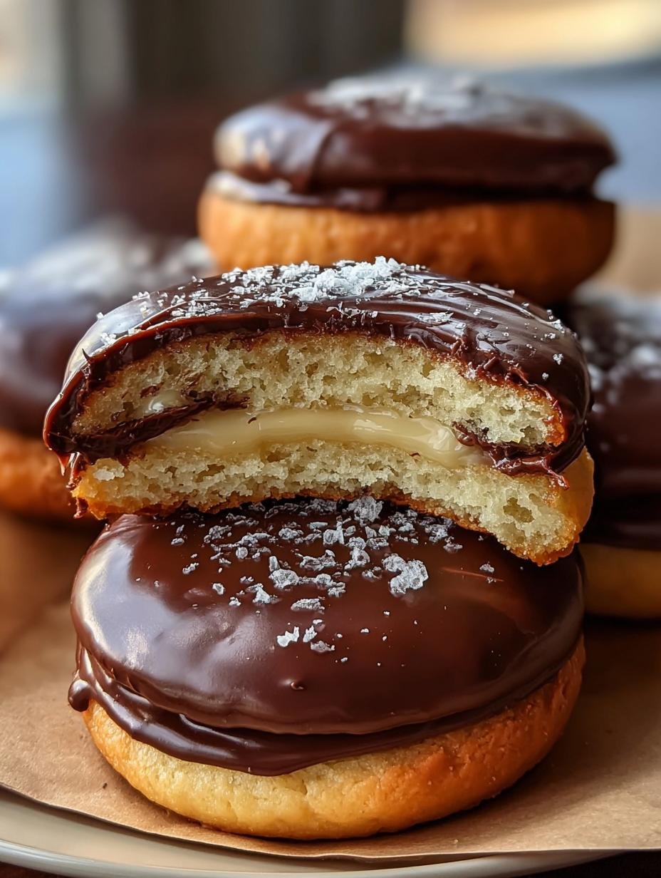 Close-up of a perfectly glazed Indulge Boston Cream Pie cookie with creamy filling