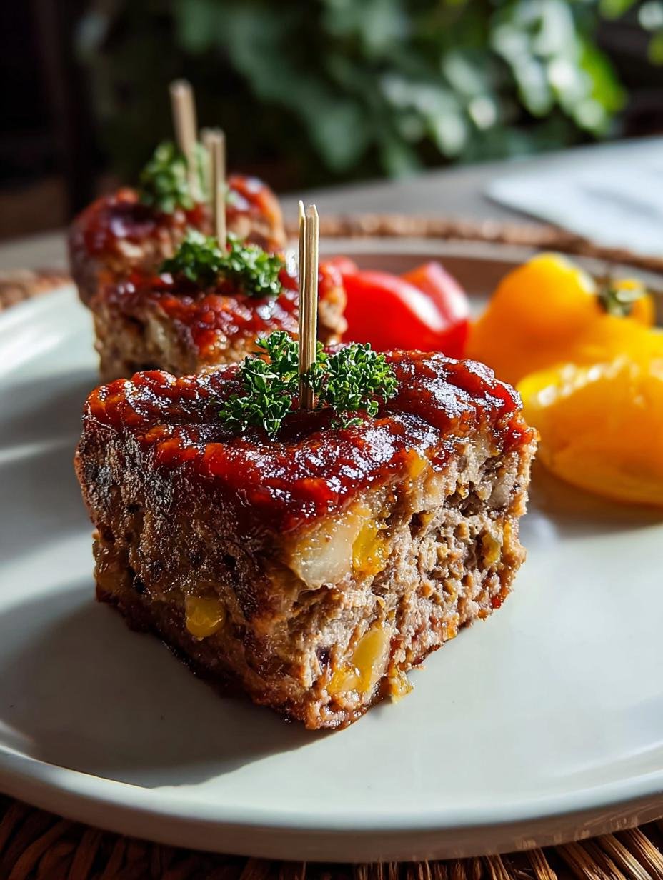 Delicious Mini Monster Meatloaf with bell pepper eyes and ketchup smiles on a baking sheet, ready to serve