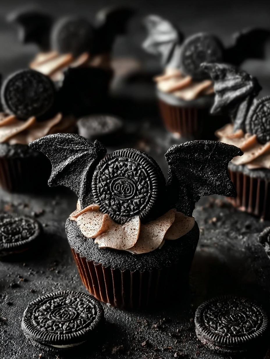 Delicious Oreo Bat Cupcakes arranged on a festive Halloween platter, ready for a party