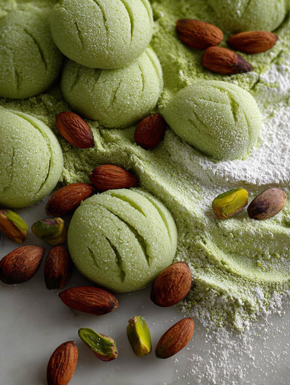 Delicious Pistachio Wedding Cookies dusted with powdered sugar on a white plate