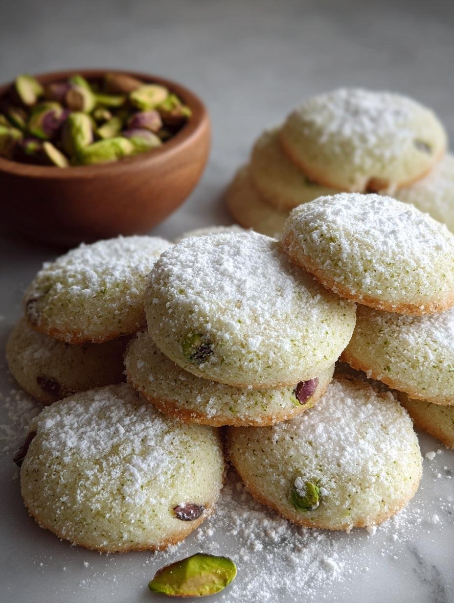 Close-up of a plate of perfectly coated Pistachio Wedding Cookies