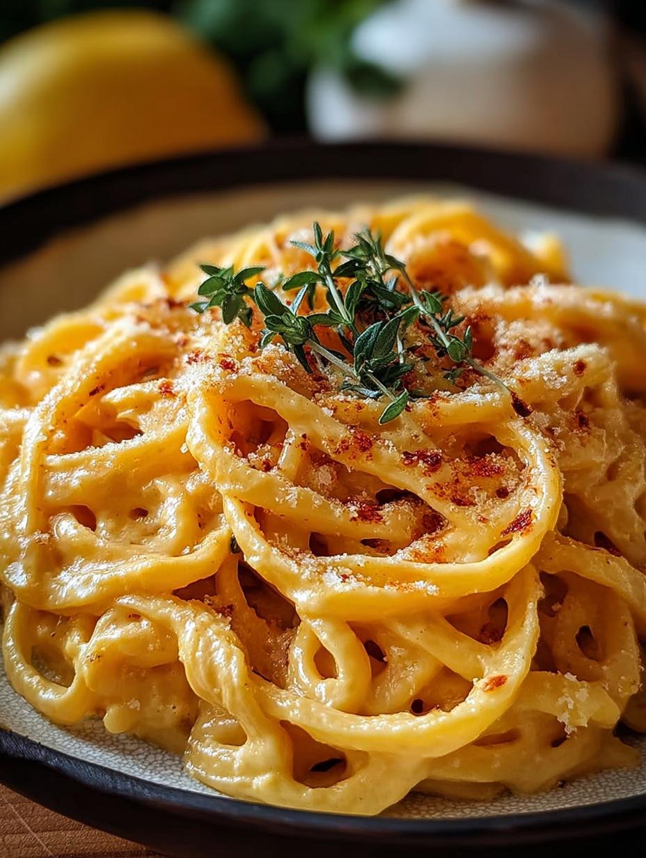 Close-up of creamy Pumpkin Alfredo Pasta with a fork, showing its rich texture and vibrant color