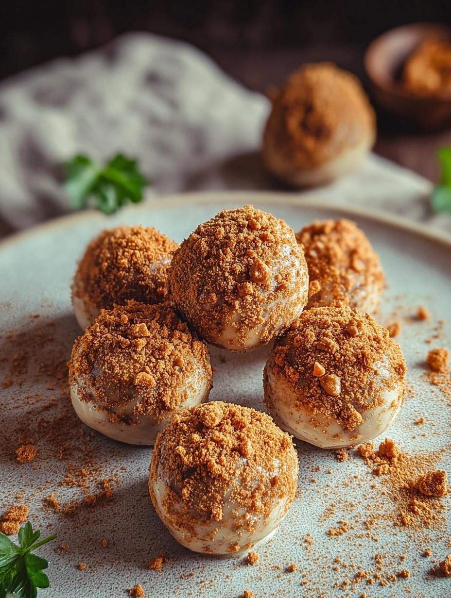 Delicious Pumpkin Biscoff Truffles coated in white chocolate and cookie crumbs, ready to be enjoyed as a divine fall bite