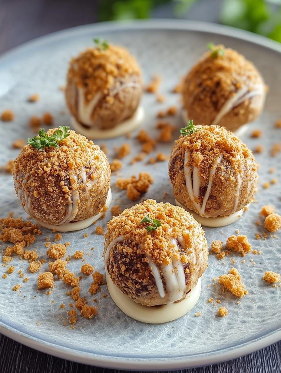 Close-up of a perfectly formed Pumpkin Biscoff Truffle, showcasing its white chocolate coating and crushed Biscoff cookie exterior, a divine fall bite