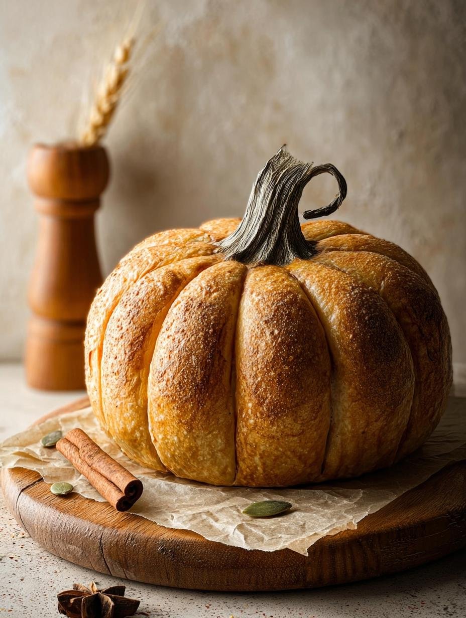 Delicious homemade Pumpkin Shaped Bread with golden crust on a cooling rack, ready for a fall feast