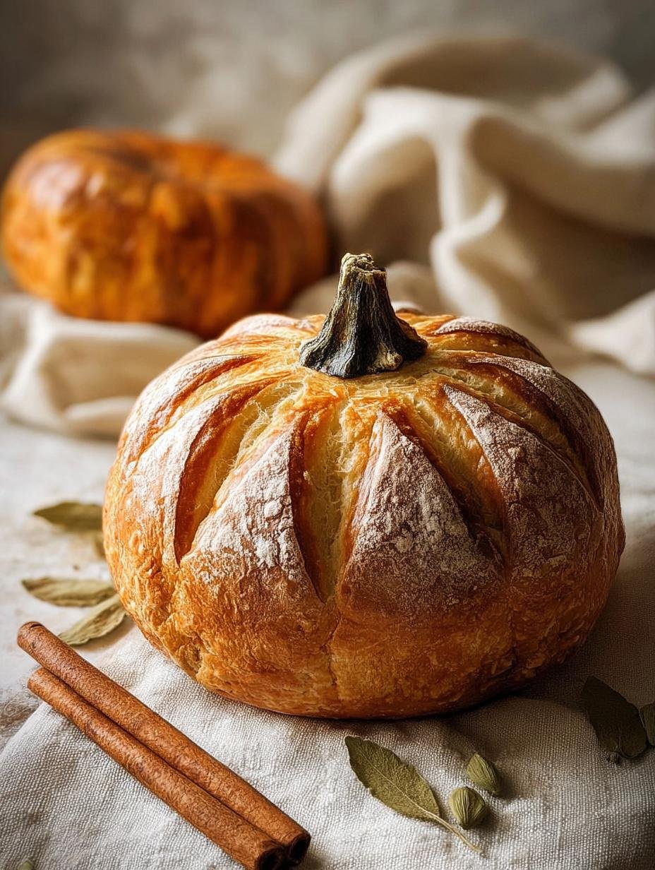Close-up of a perfectly baked Pumpkin Shaped Bread, showcasing its distinct ridges and golden-brown crust
