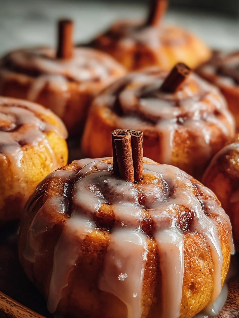 Deliciously frosted Pumpkin Shaped Cinnamon Rolls arranged on a wooden board, perfect for an autumn treat