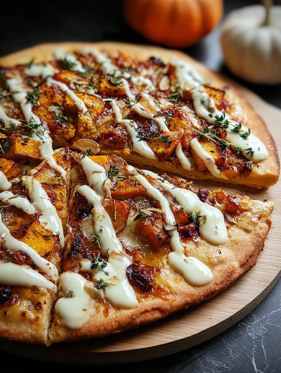 Close-up of a slice of Pumpkin Spice Dessert Pizza with a creamy pumpkin filling, garnished with chocolate chips and nuts