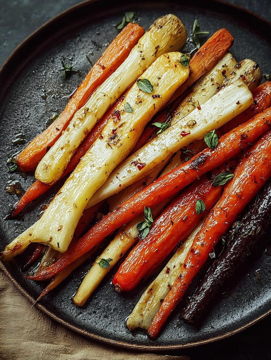 Amazing Roasted Carrots Parsnips Honey: 4 Servings - Golden brown roasted carrots and parsnips with honey glaze in a white serving dish