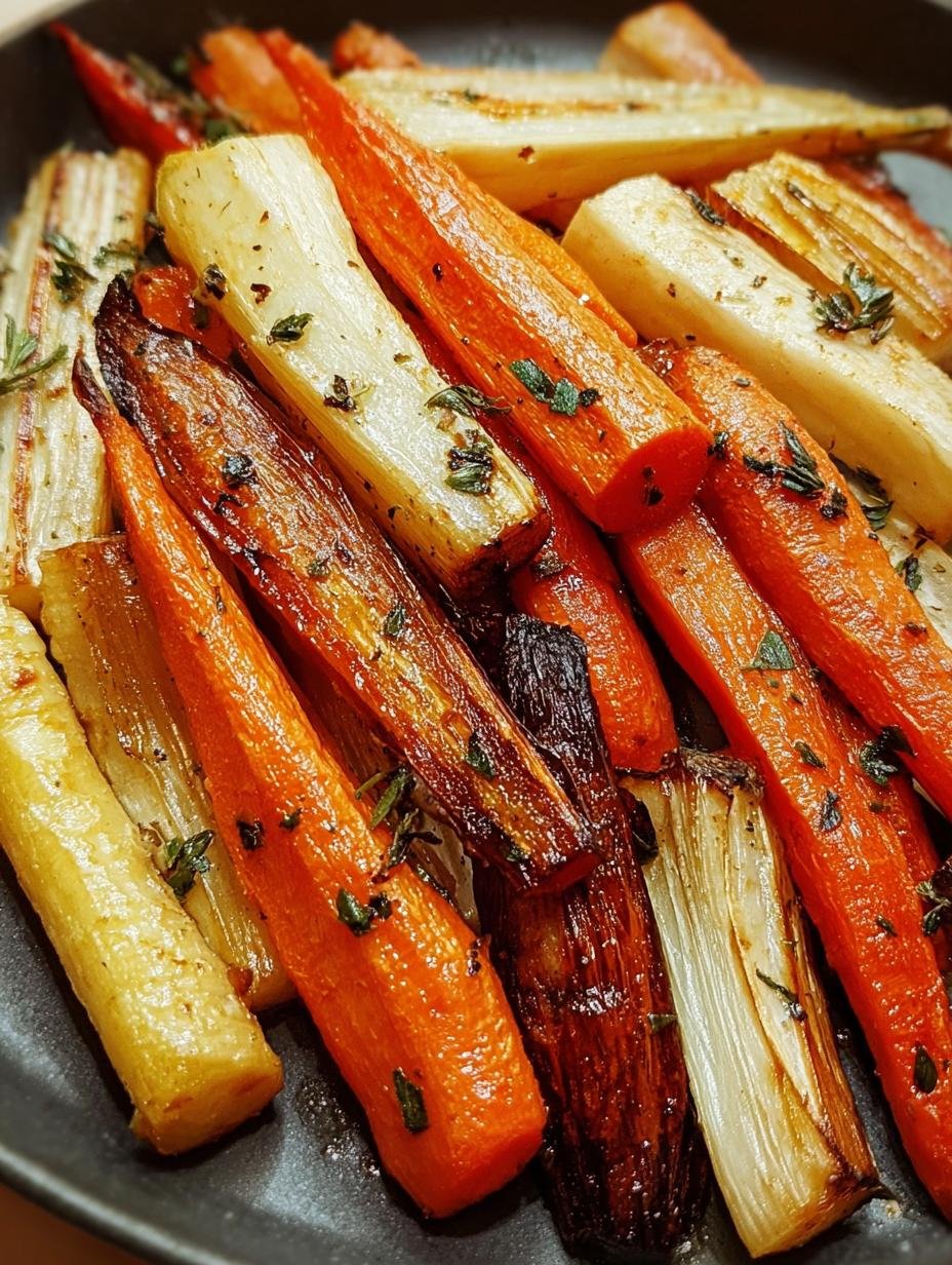Amazing Roasted Carrots Parsnips Honey: 4 Servings - Close-up of honey glazed roasted carrots and parsnips with fresh thyme