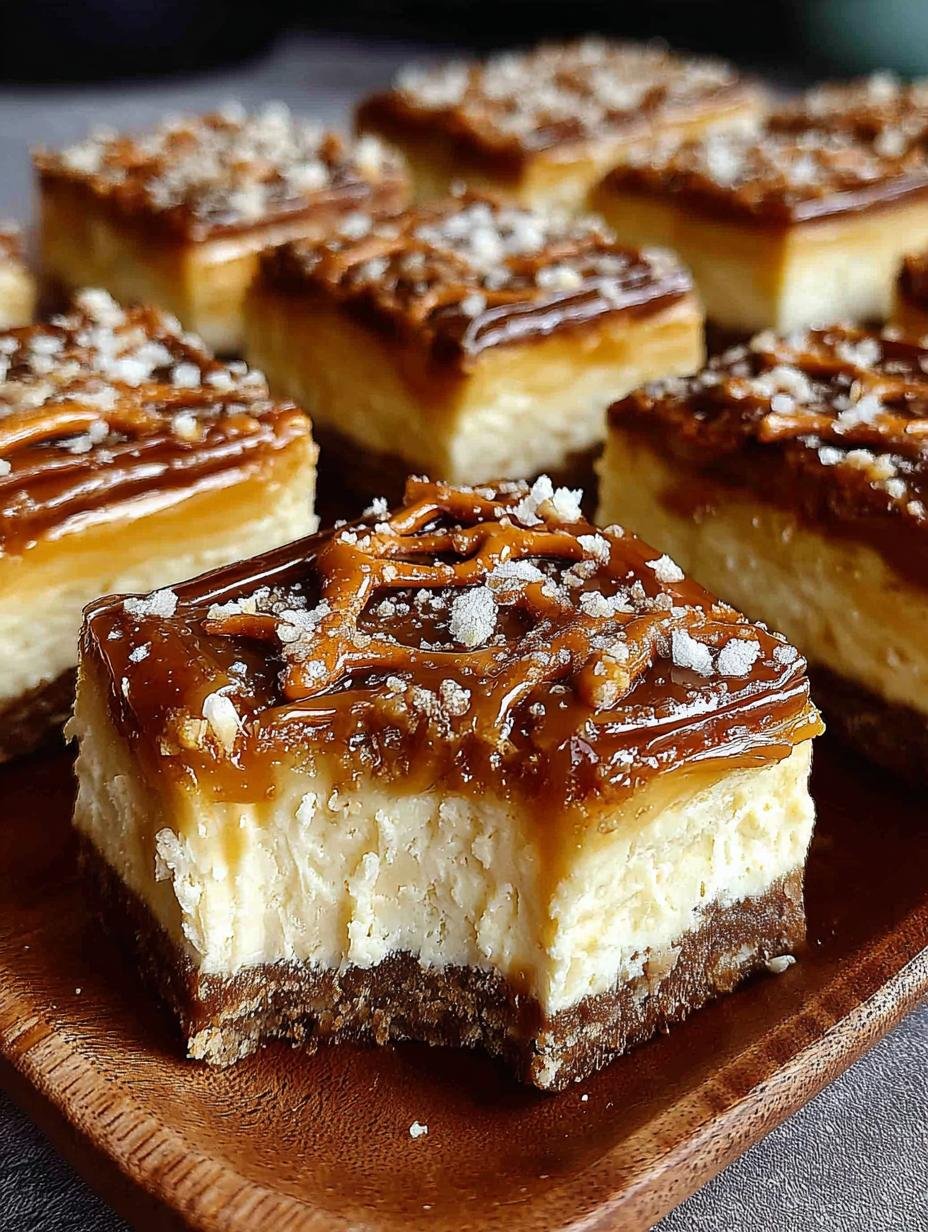 Killer Salted Caramel Pretzel Cheesecake in 9 Bars - Salted Caramel Pretzel Cheesecake - main visual representation