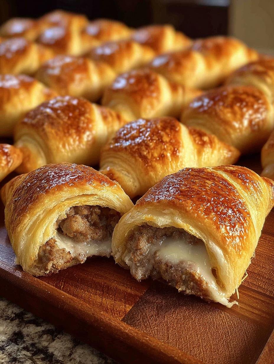 Deliciously golden brown Sausage Cream Cheese Crescents arranged on a baking sheet, ready to be served as a perfect appetizer or breakfast item.