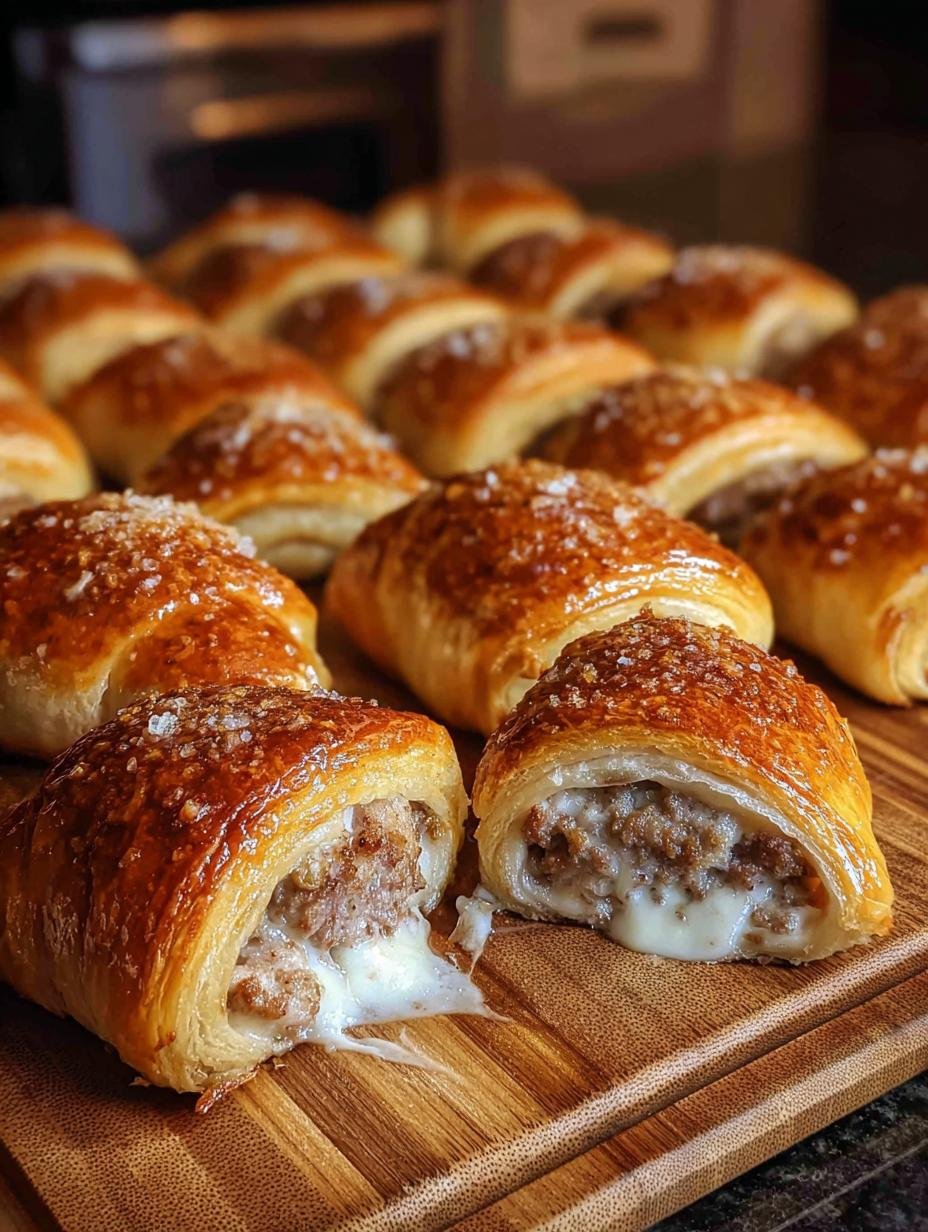 Close-up of a perfectly baked Sausage Cream Cheese Crescent, showing the flaky pastry and a hint of the creamy sausage filling.