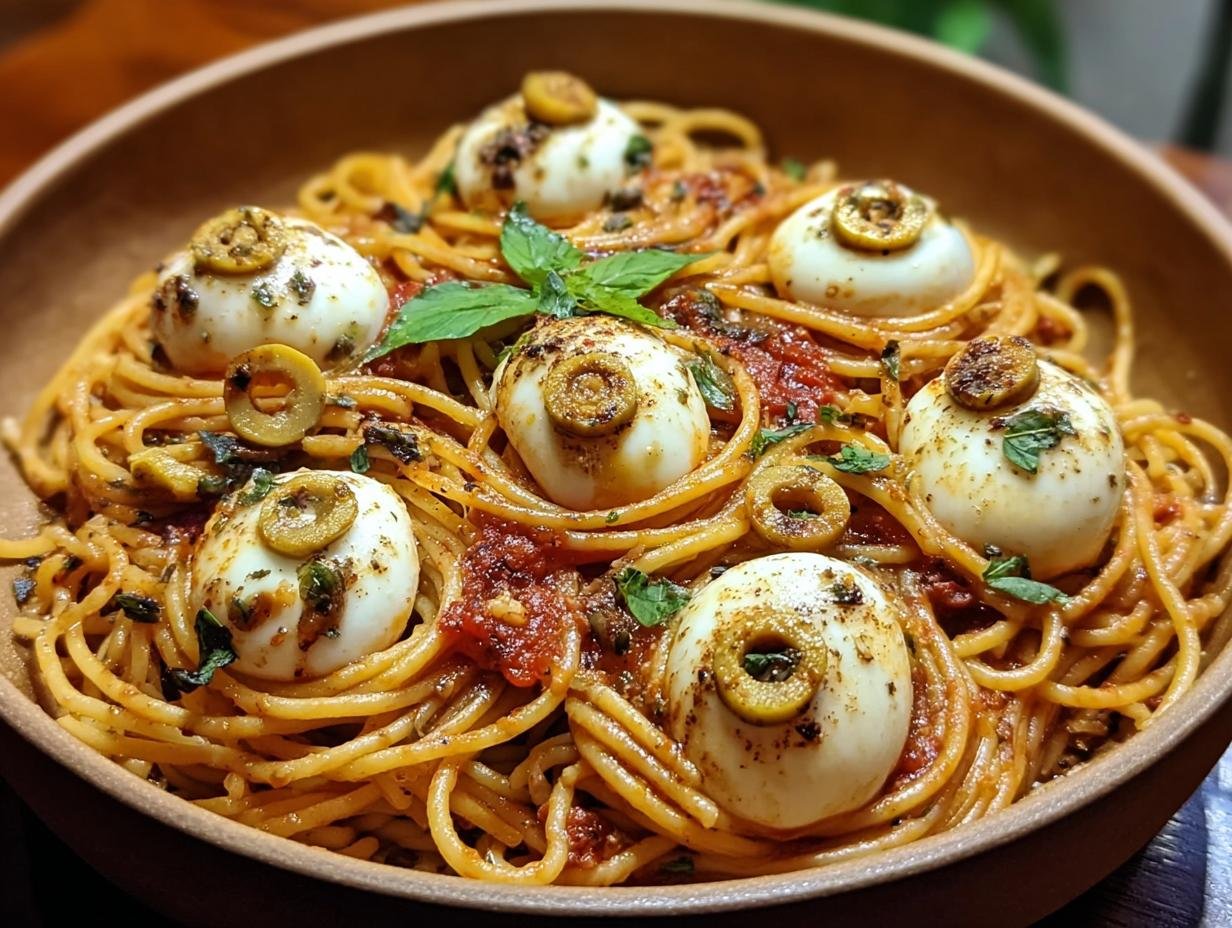 Spaghetti Mozzarella Eyeballs: Terrifyingly Easy 1-Hour Recipe - Spaghetti Mozzarella Eyeballs - additional detail