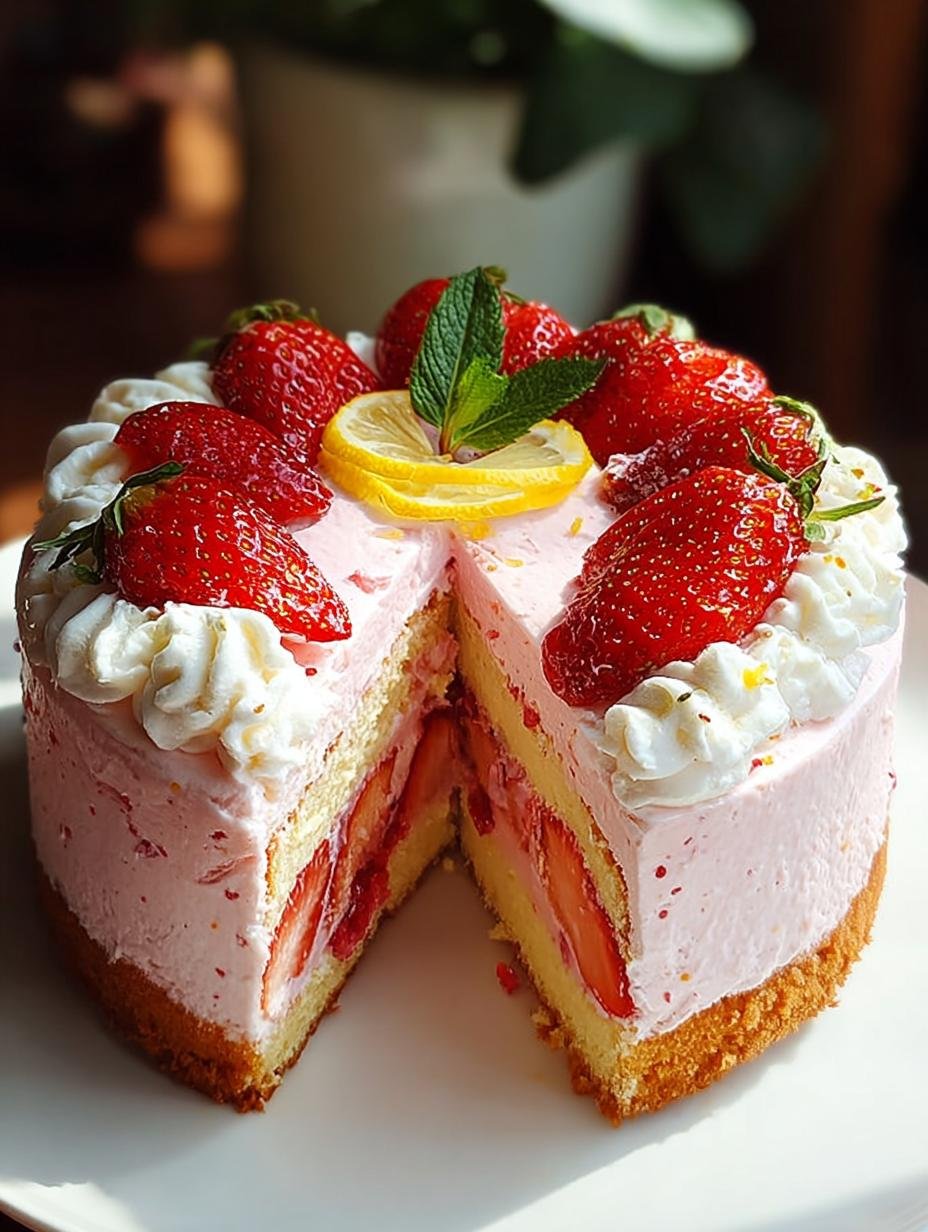 Perfectly frosted Strawberry Lemonade Cake with fresh strawberries on top, ready to be served