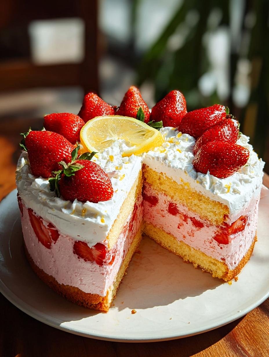 A slice of Strawberry Lemonade Cake on a plate with a fork, showing its moist layers and frosting