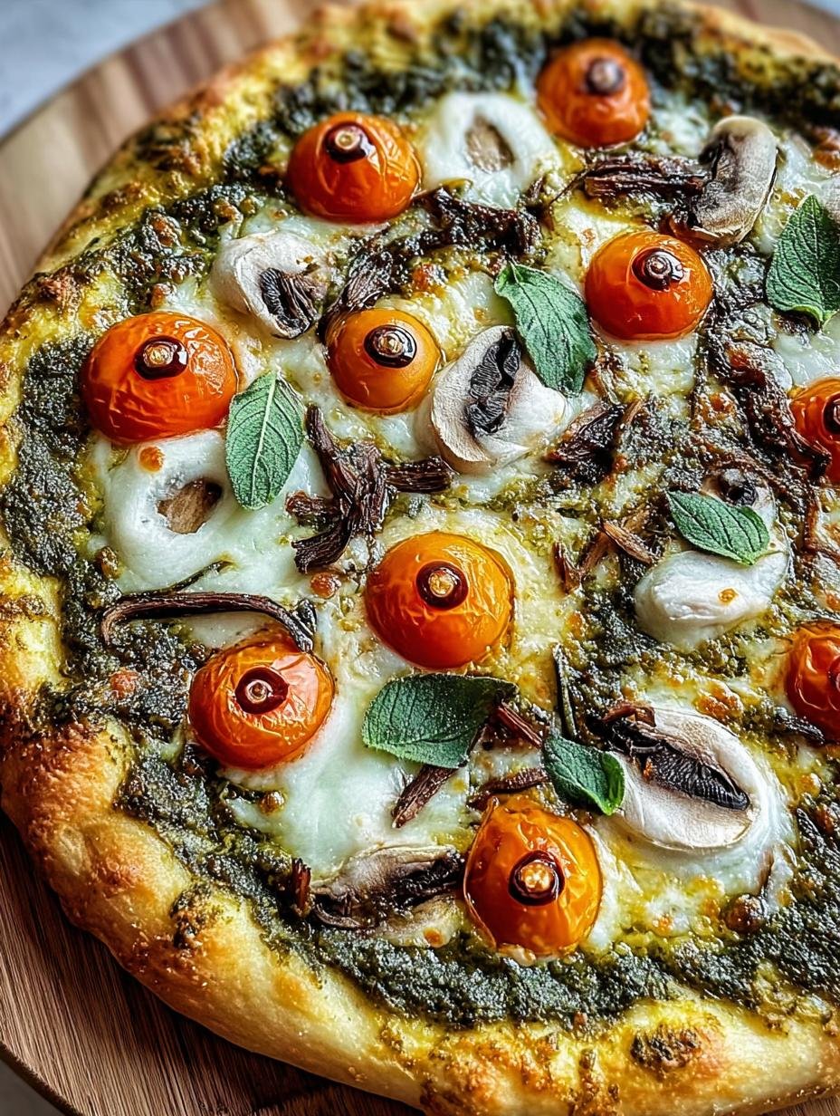 Delicious Witchs Brew Pesto Pizza with vibrant green pesto, melted mozzarella, and colorful toppings, ready to be served