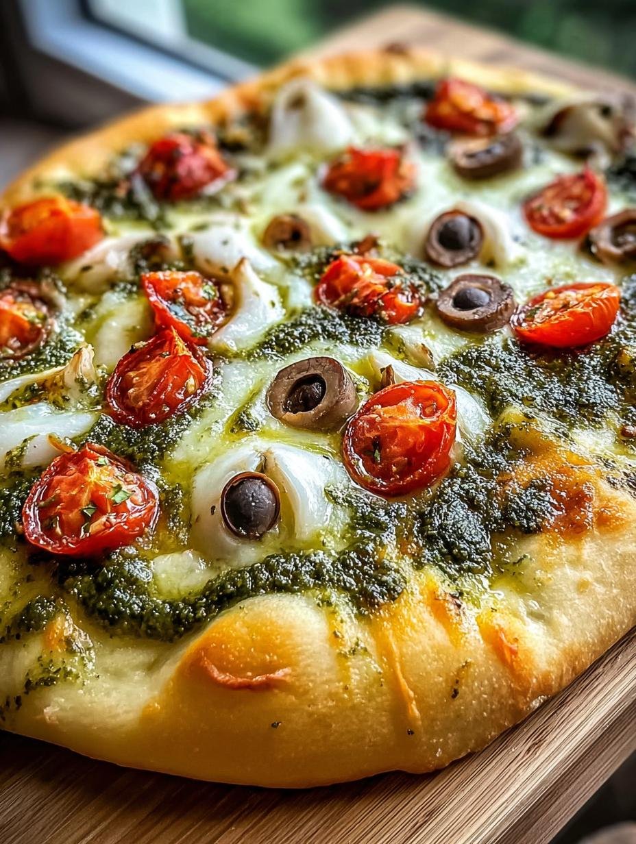 Close-up of a slice of Witchs Brew Pesto Pizza, showing the gooey mozzarella, green pesto, and fresh vegetable toppings