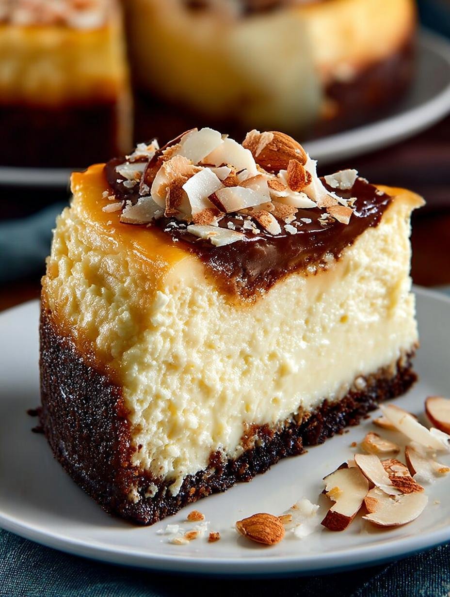 Delicious Almond Coconut Cheesecake with Chocolate Drizzle - Almond Coconut Cheesecake - main visual representation