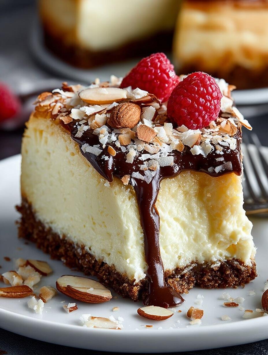 Delicious Almond Coconut Cheesecake with Chocolate Drizzle - Almond Coconut Cheesecake - additional detail