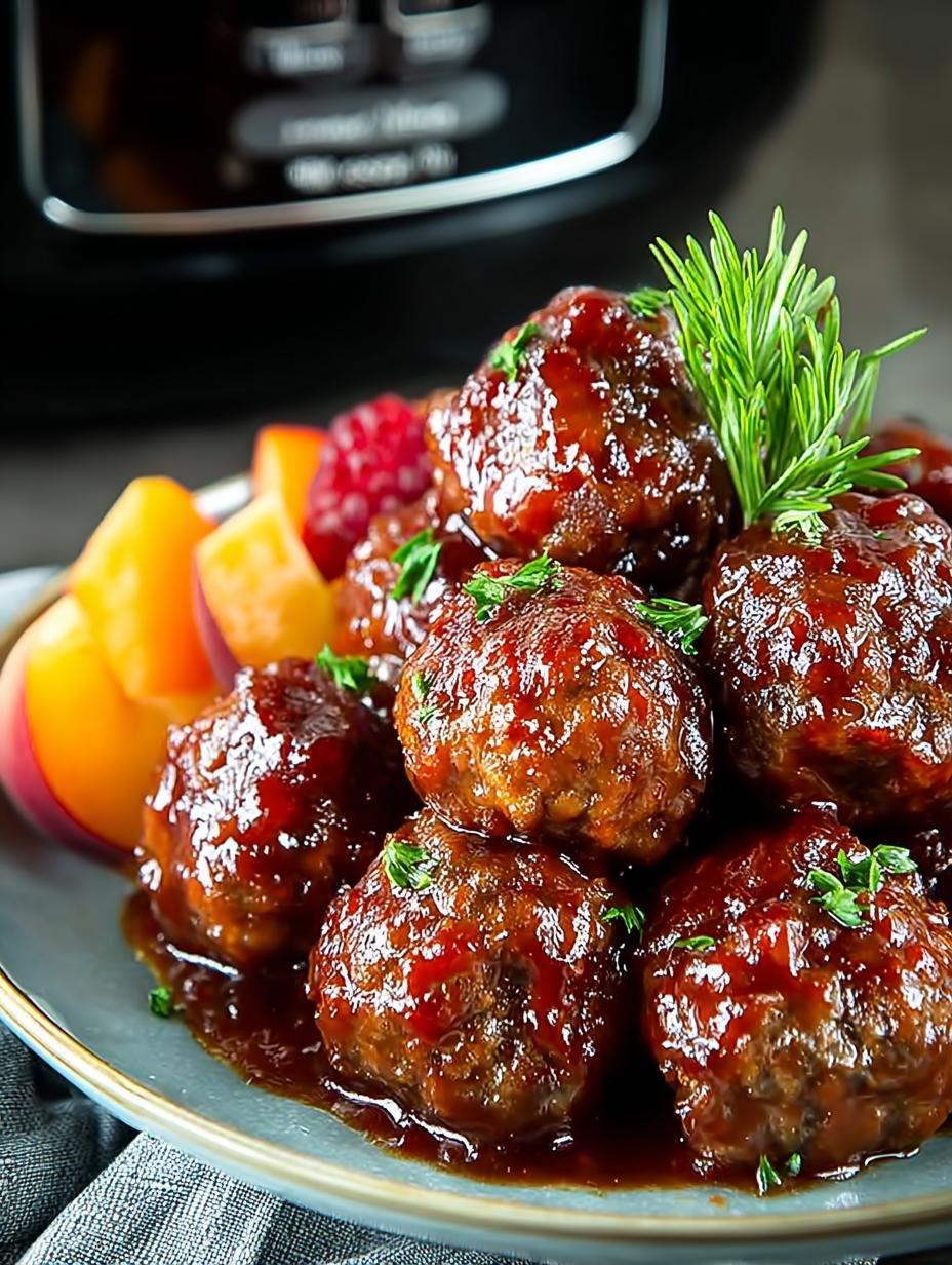 Irresistible Crockpot BBQ Peach Meatballs served warm with a rich sauce
