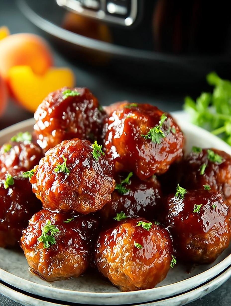 Delicious Crockpot BBQ Peach Meatballs served with rice