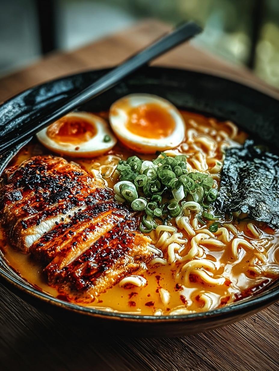 Fiery Chicken Ramen with Creamy Garlic Sauce for Cozy Nights - Fiery Chicken Ramen with - main visual representation