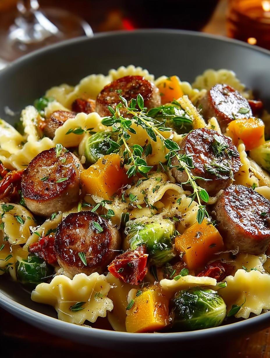 Cozy Sausage Pasta with Brussels for Autumn Comfort - Sausage Pasta with Brussels - main visual representation