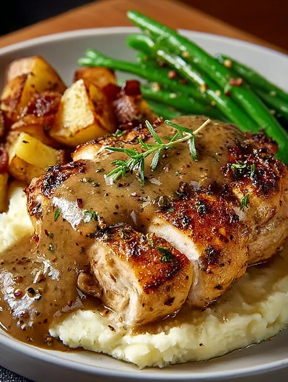 Irresistible Chicken Garlic Gravy served over cheesy mashed potatoes
