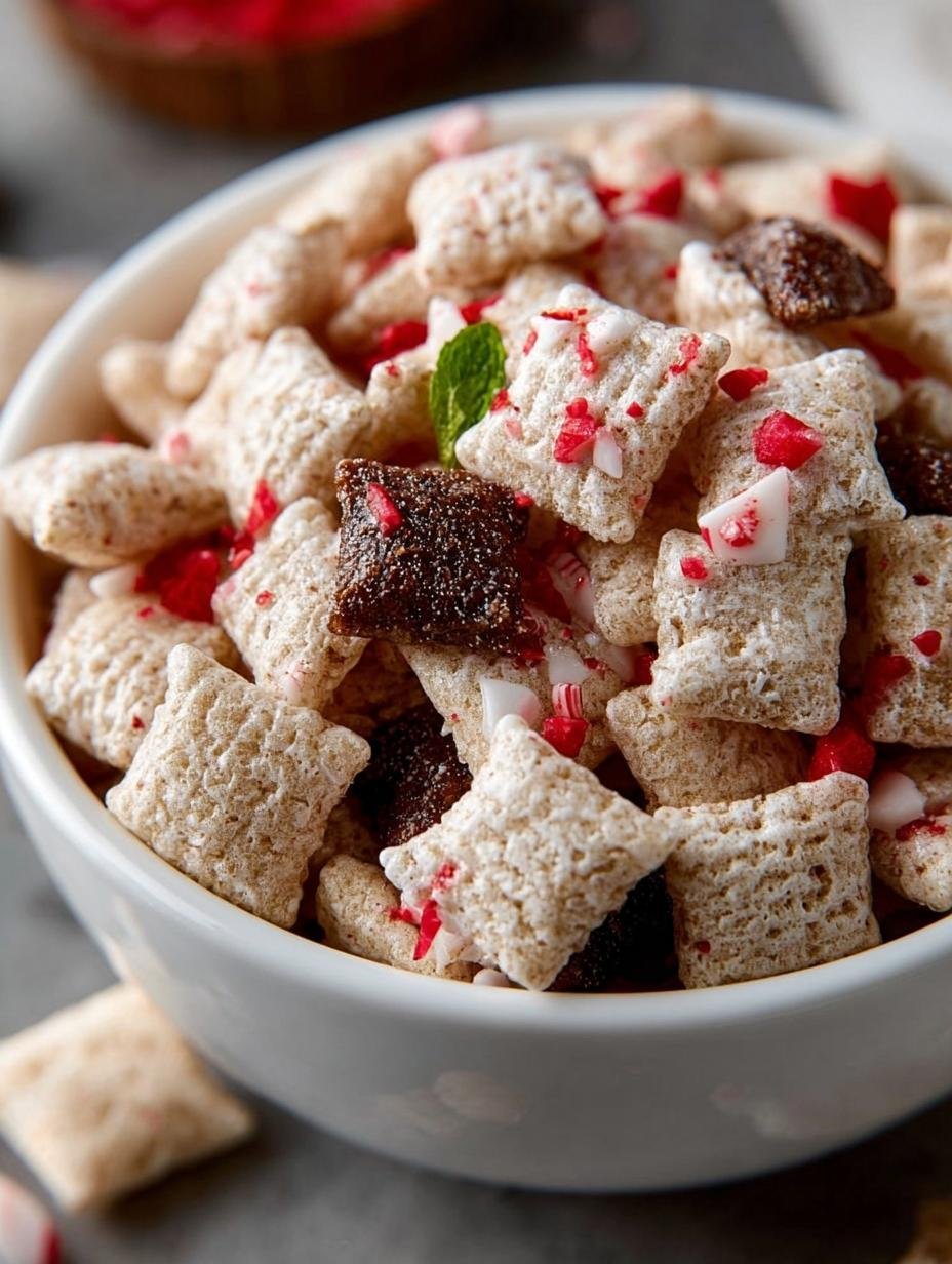 Delicious Peppermint Bark Muddy Buddies Recipe - Peppermint Bark Muddy Buddies - main visual representation