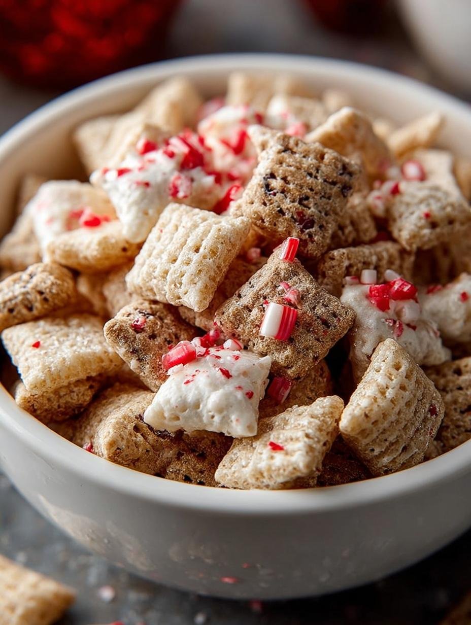 Delicious Peppermint Bark Muddy Buddies Recipe - Peppermint Bark Muddy Buddies - additional detail